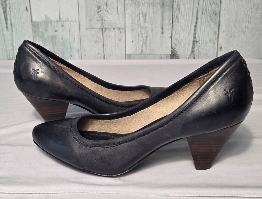 Frye Regina Leather Pumps Black w Wood Heels Sz. 7.5